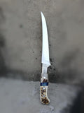 Custom D2 Steel Fillet Knife with Antler Horn Handle and Steel Bolster - Includes Leather Roll Kit