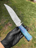 Custom Damascus Steel Bowie Knife with Color Bone Handle and Damascus Steel Guard | 13" Overall Length | Includes Leather Sheath