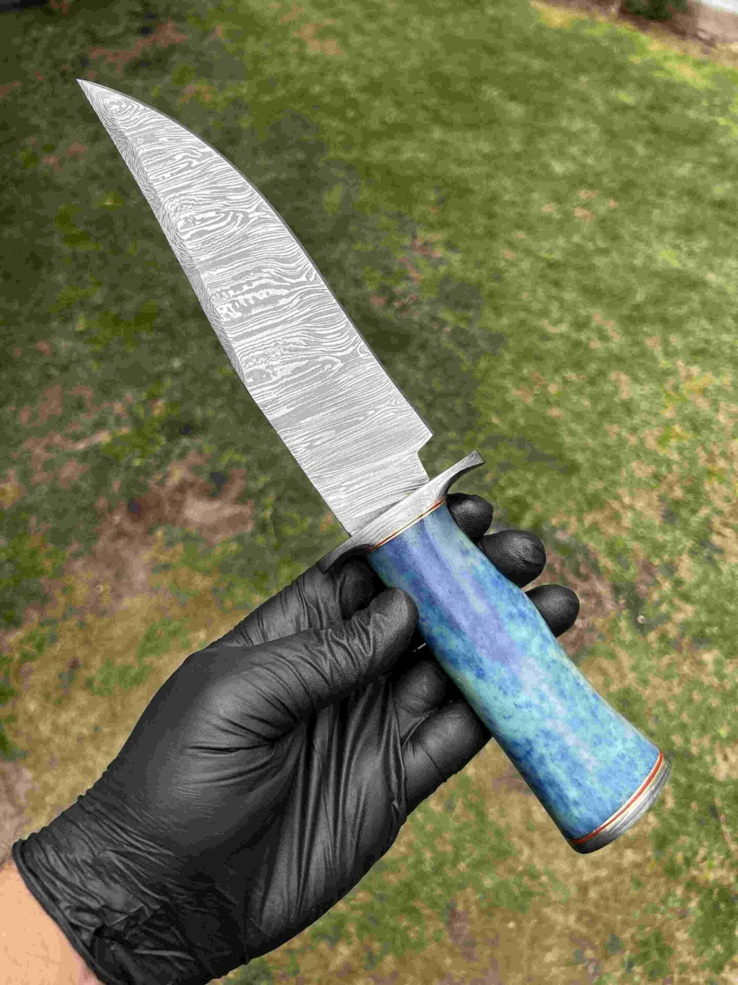 Custom Damascus Steel Bowie Knife with Color Bone Handle and Damascus Steel Guard | 13" Overall Length | Includes Leather Sheath