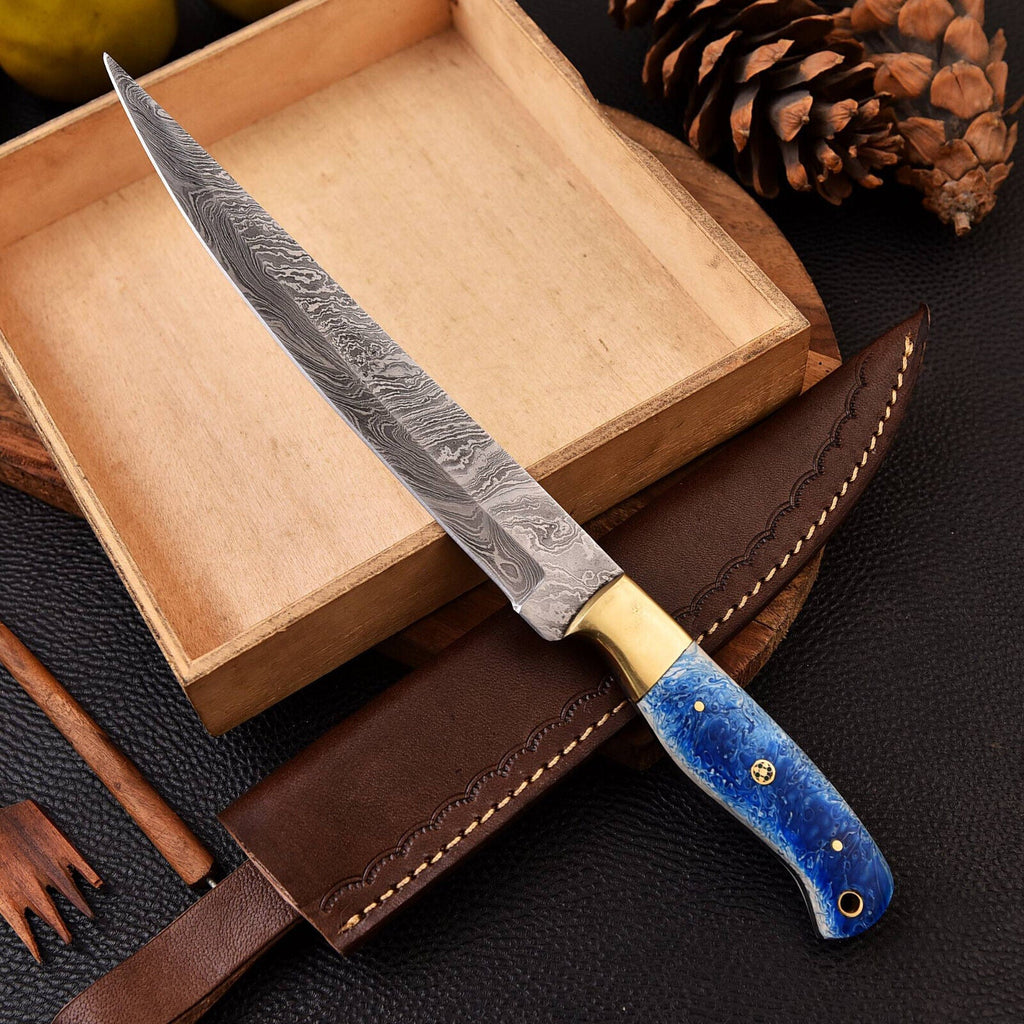 Handmade Damascus Fillet Knife – Brass & Resin Handle with Leather Sheath | Best Fillet Knife