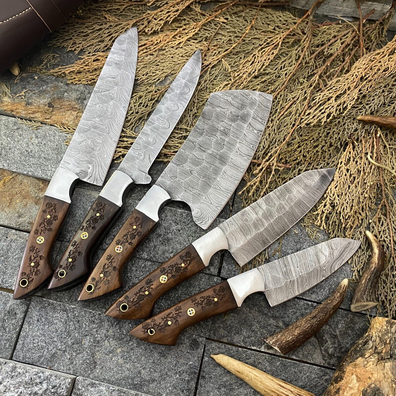 Custom Handmade Knife Set Damascus with Rosewood Handles