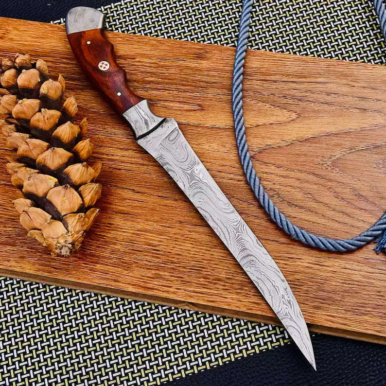 Custom Handmade Damascus Steel Fishing Fillet Knife - 13" with Rosewood Handle and Damascus Steel Bolster
