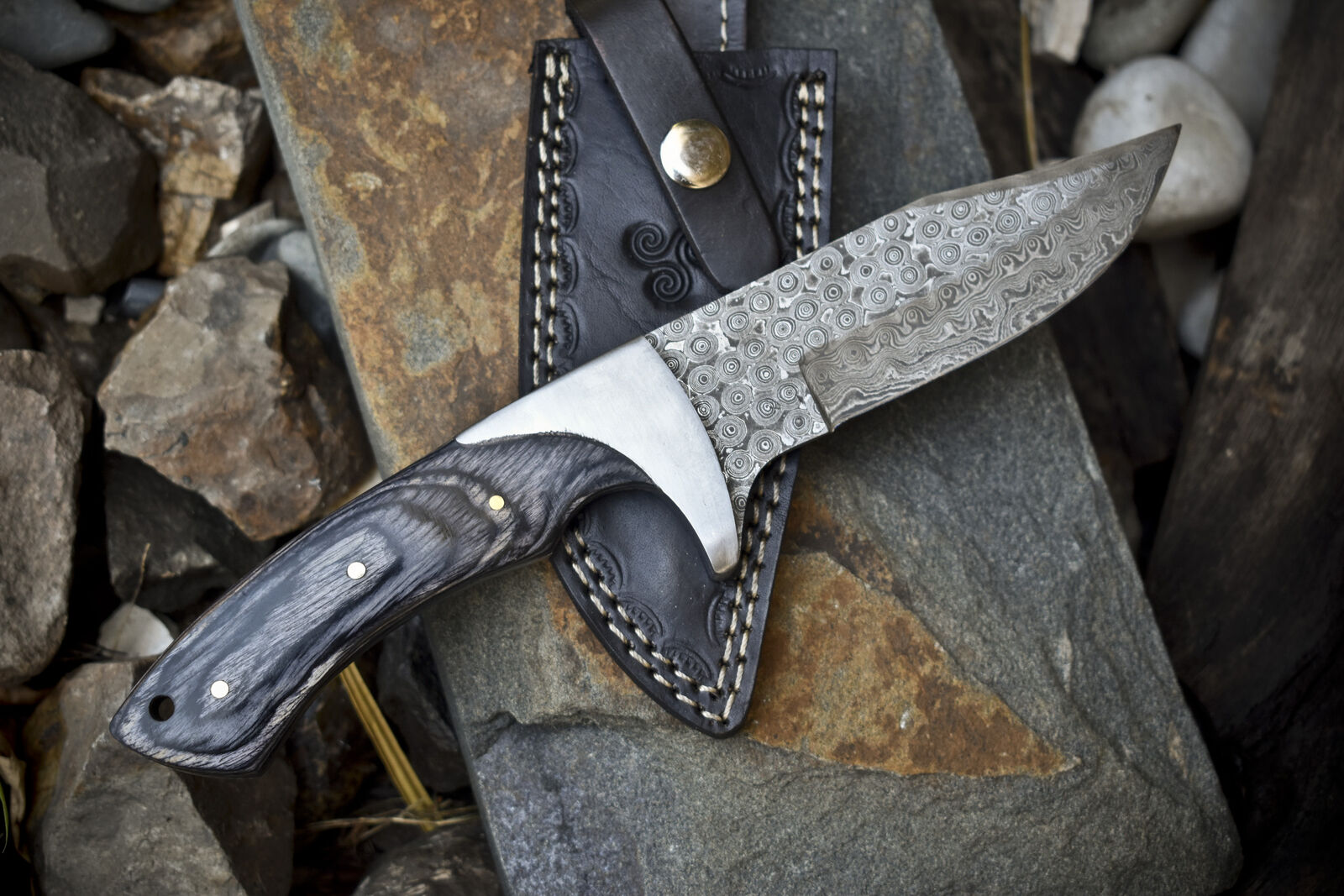 Custom Handmade Damascus Steel Hunting Knife with Pakkawood Handle & Steel Bolster | Includes Leather Sheath