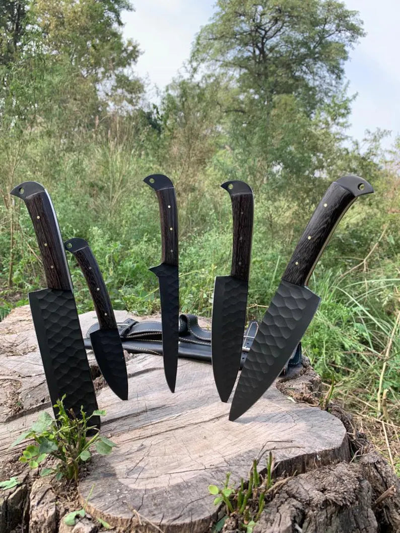 Custom Handmade Damascus Knife Set with Wangi Wood Handles