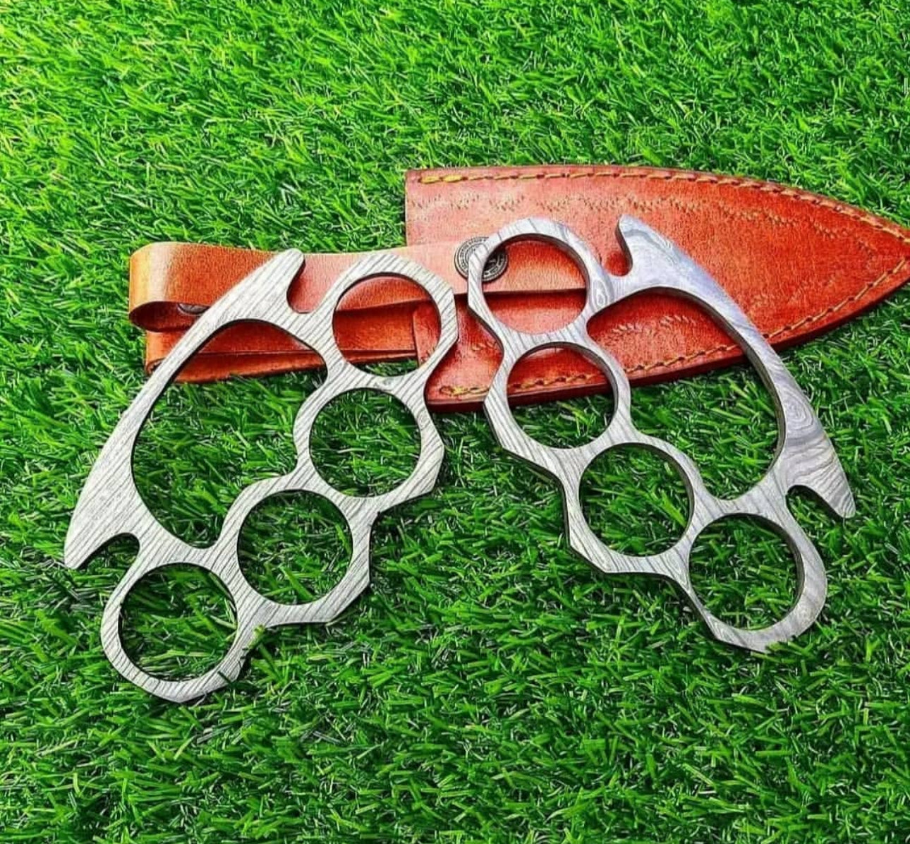 Custom Damascus Steel Knuckles | Premium Self Defense Tool | Includes Leather Case | Unique Gift Item for Everyday Carry