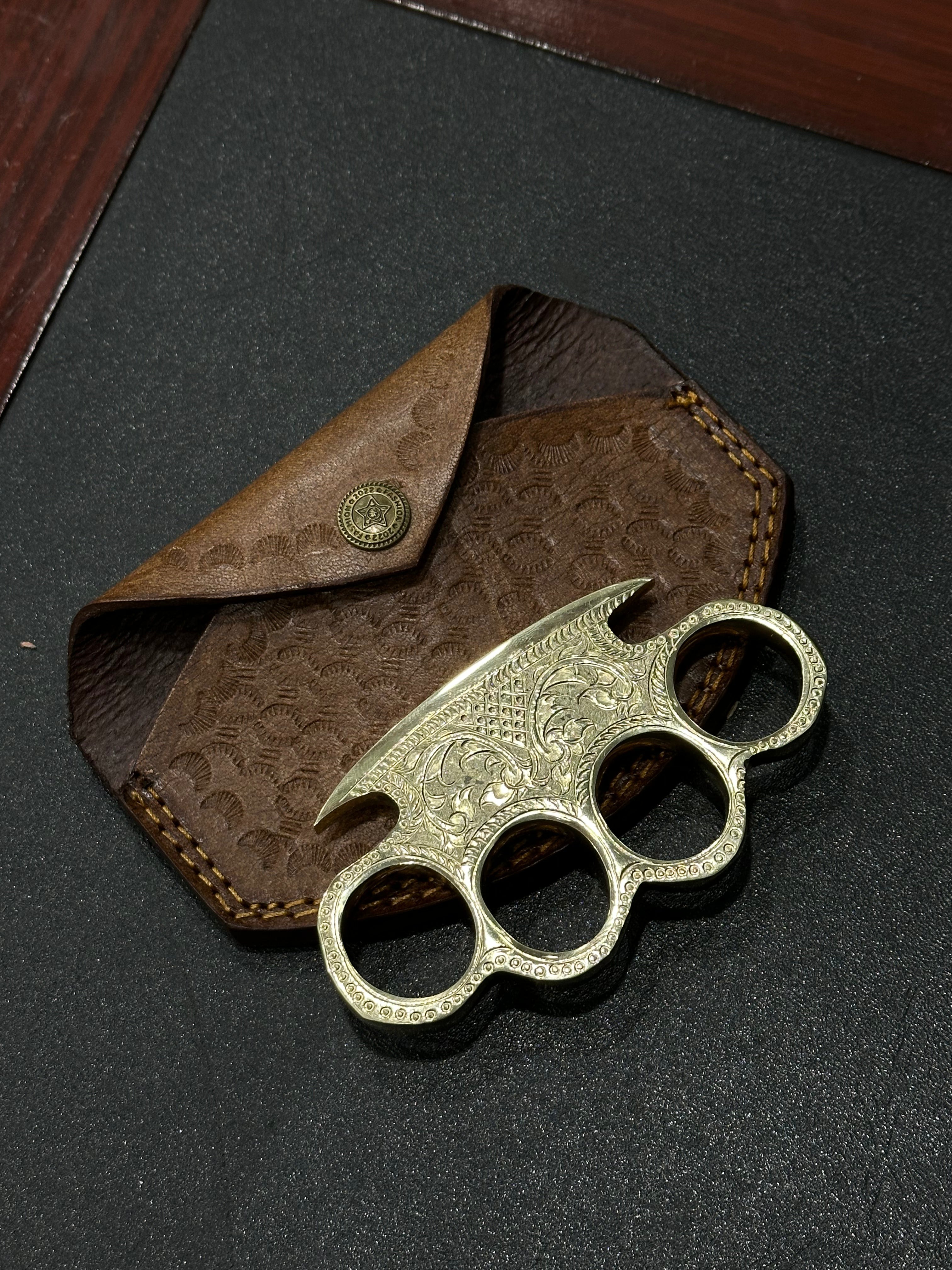 Custom Engraved Brass Knuckles - Belt Loop Leather Case - Solid Brass