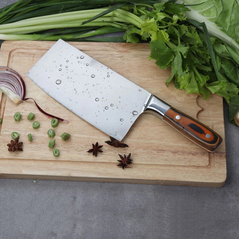 Custom Handmade 1095 Steel Cleaver Knife – 12.5" Butcher’s Essential with Exotic Wood Handle, Steel Bolster & Leather Sheath