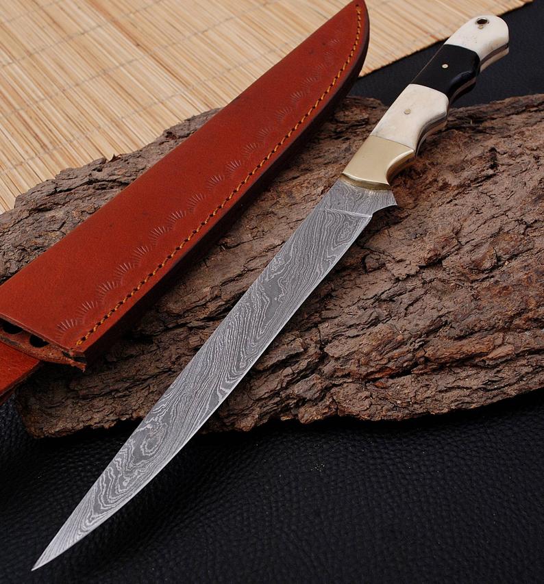 Custom Handmade 13-Inch Damascus Fillet Knife with Buffalo Horn and Bone Handle, Brass Accents