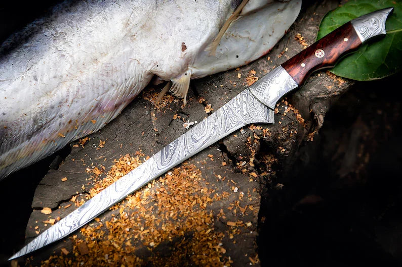 Custom Handmade 13-Inch Damascus Steel Fillet Knife with Rosewood Handle and Damascus Steel Bolster