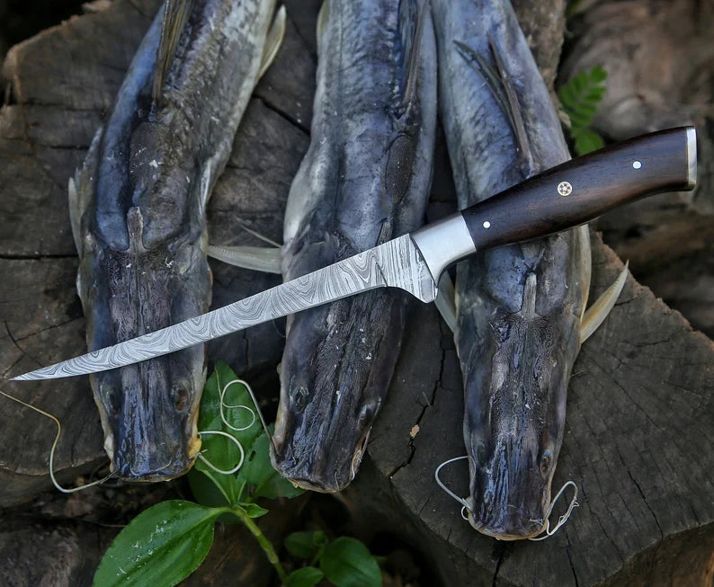 Custom Handmade 13-Inch Damascus Steel Fillet Knife with Rosewood Handle and Steel Bolster