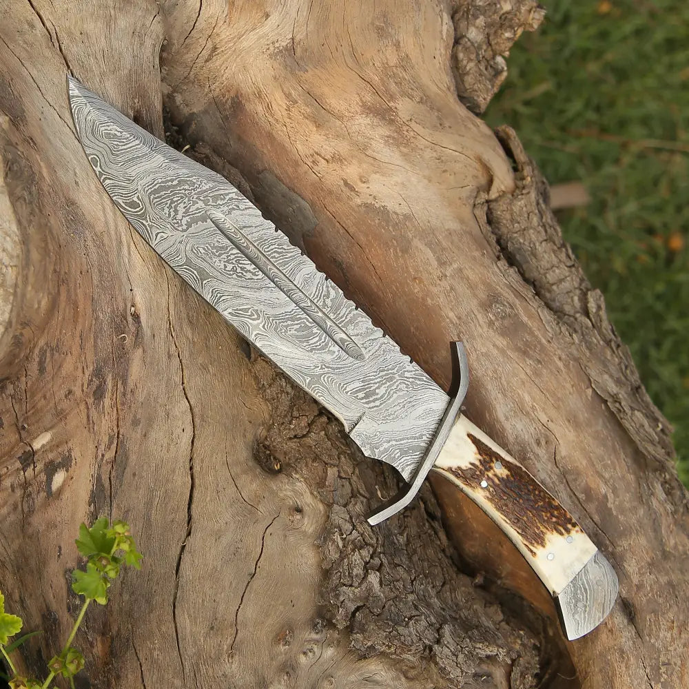 Custom Handmade 15-Inch Damascus Steel Bowie Knife with Stag Handle and Damascus Guard