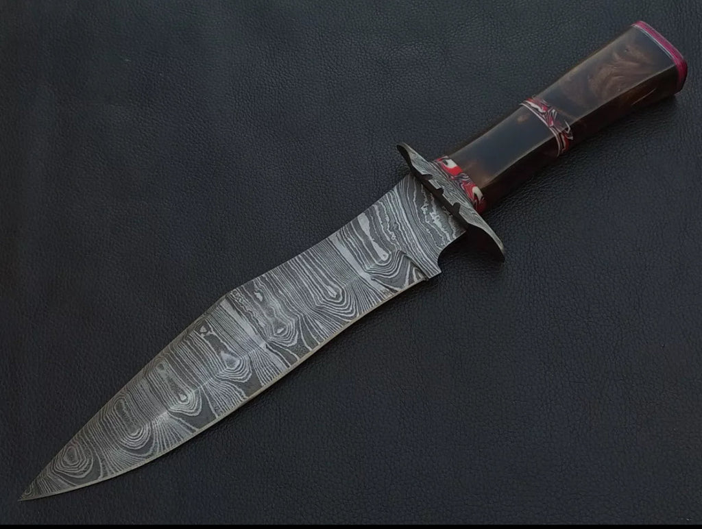 Custom Handmade 15” Bowie Knife with Rosewood Handle & Damascus Steel Guard – Includes Leather Sheath