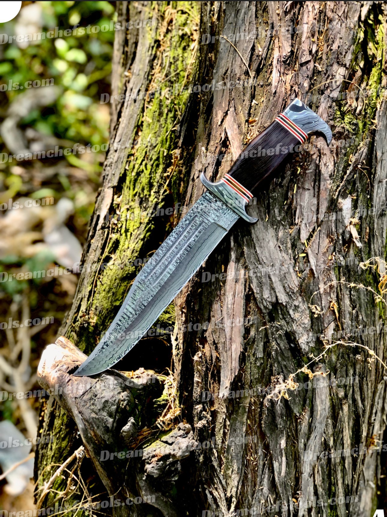 Best Custom Handmade 15" Damascus Steel Bowie Knife with Damascus Steel Guard and Colored Bone Handle – Includes Leather Sheath
