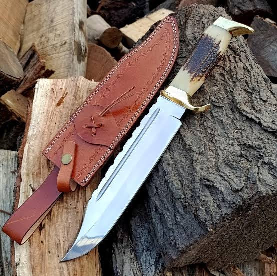 Custom Handmade 15” J2 Steel Bowie Knife with Stag Handle & Brass Guard – Includes Leather Sheath