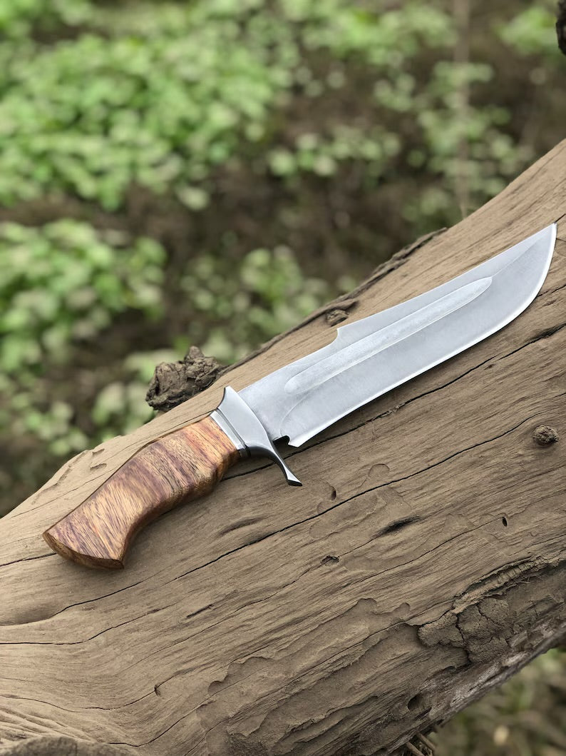 Custom handmade 15-inch D2 steel Bowie knife with acid wash finish, rosewood handle, steel guard, and leather sheath.