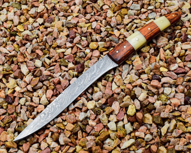 Custom Handmade Damascus Fillet Knife with Bone and Rosewood Handle - 10.5" Overall Length with Leather Sheath