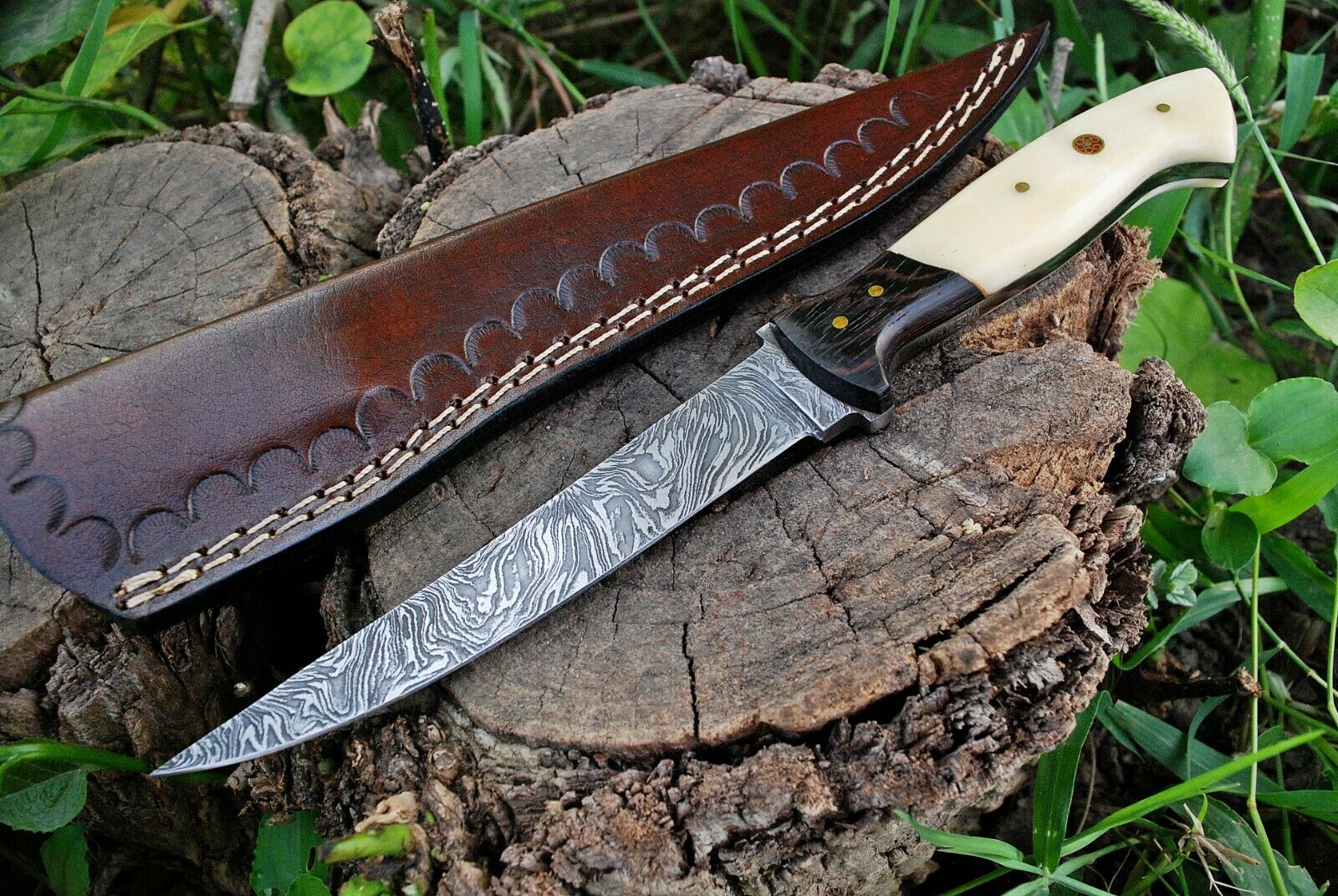 Custom Handmade Damascus Fishing Fillet Knife - 11" Blade with Wenge Wood and Bone Handle & Leather Sheath | Top Flexible Fillet Knives