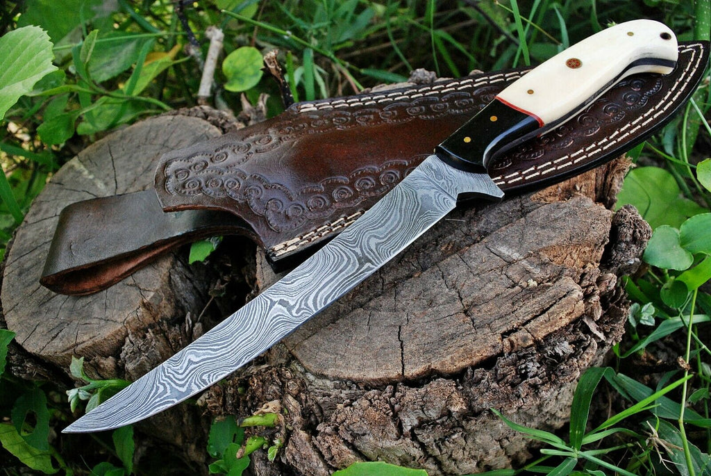 Custom Handmade Damascus Fishing Fillet Knife - 13" Blade with Bone and Micarta Handle & Leather Sheath | Best Flexible Fillet Knives