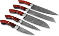 Hand-forged Damascus kitchen knife set with rosewood handles, steel bolster, full-tang blades, and protective case.