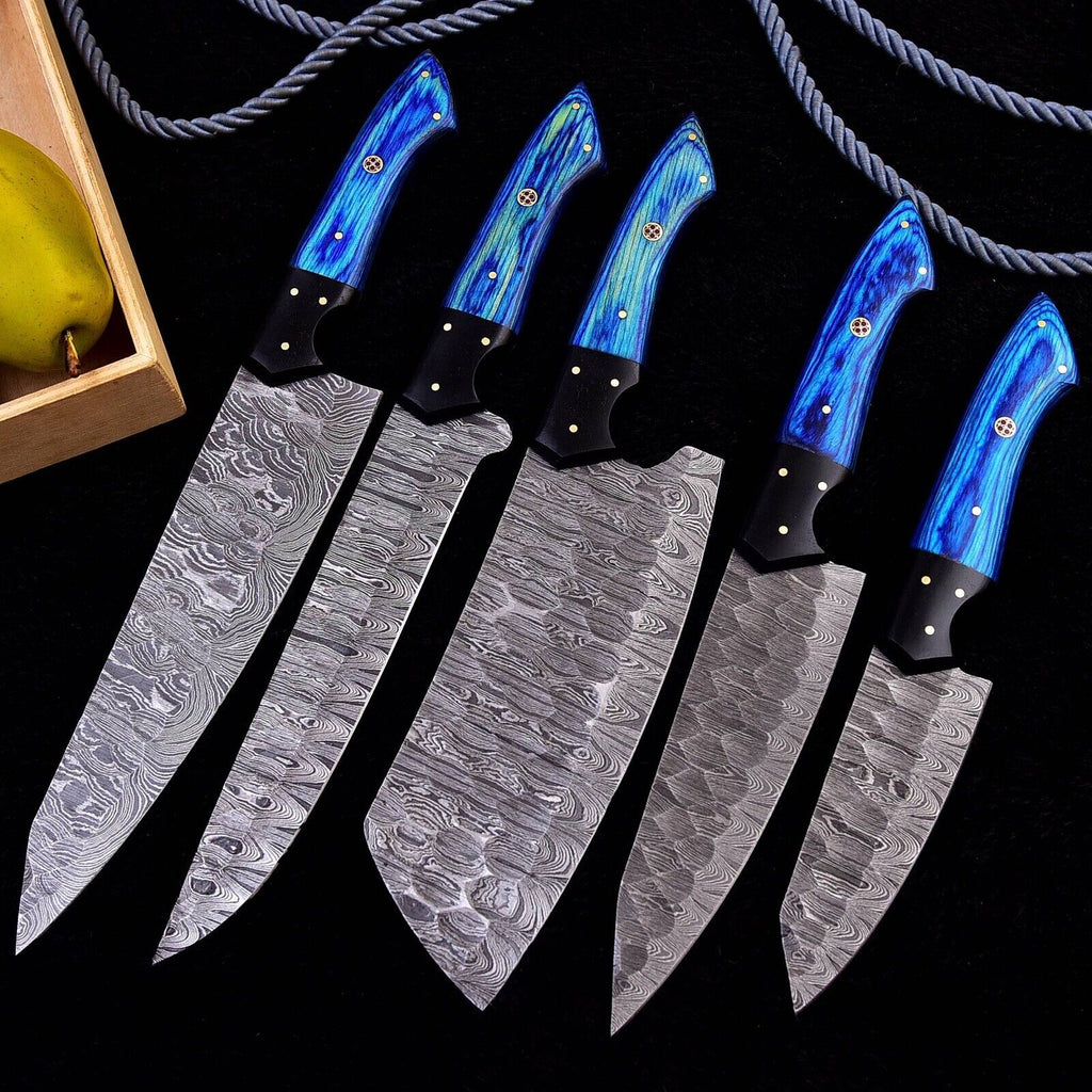 Custom Handmade Damascus Knife Set with Block