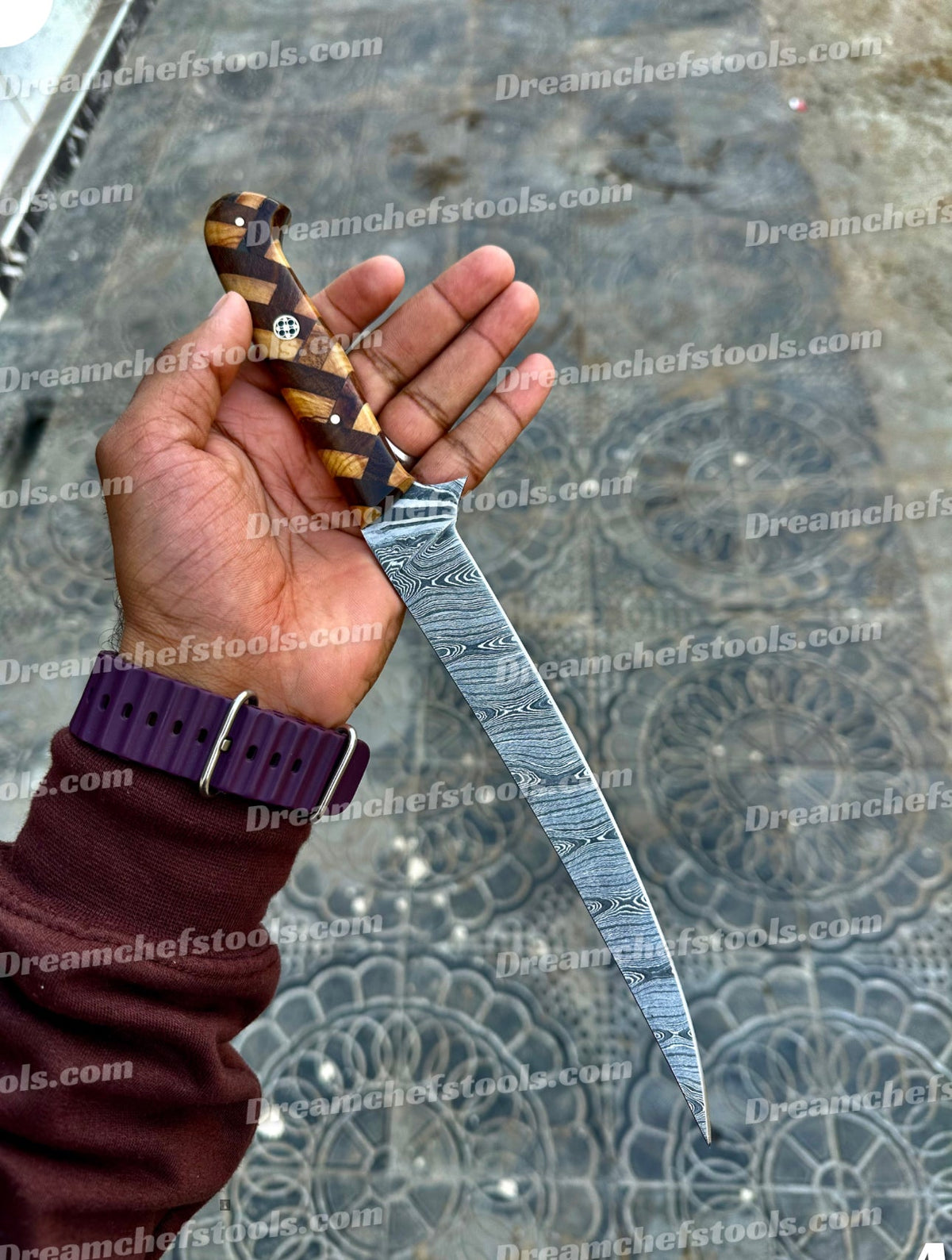 Custom handmade Damascus steel fillet knife with rosewood and olive wood handle, 13-inch overall length, by Knives Gear Garage.