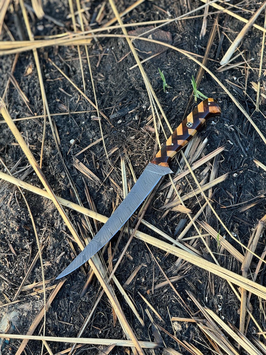 Custom Handmade Damascus Steel Fishing Fillet Knife - 13" Blade with Rosewood and Olive Wood Handle, Steel Bolster & Leather Sheath | Premium Flexible Fillet Knife