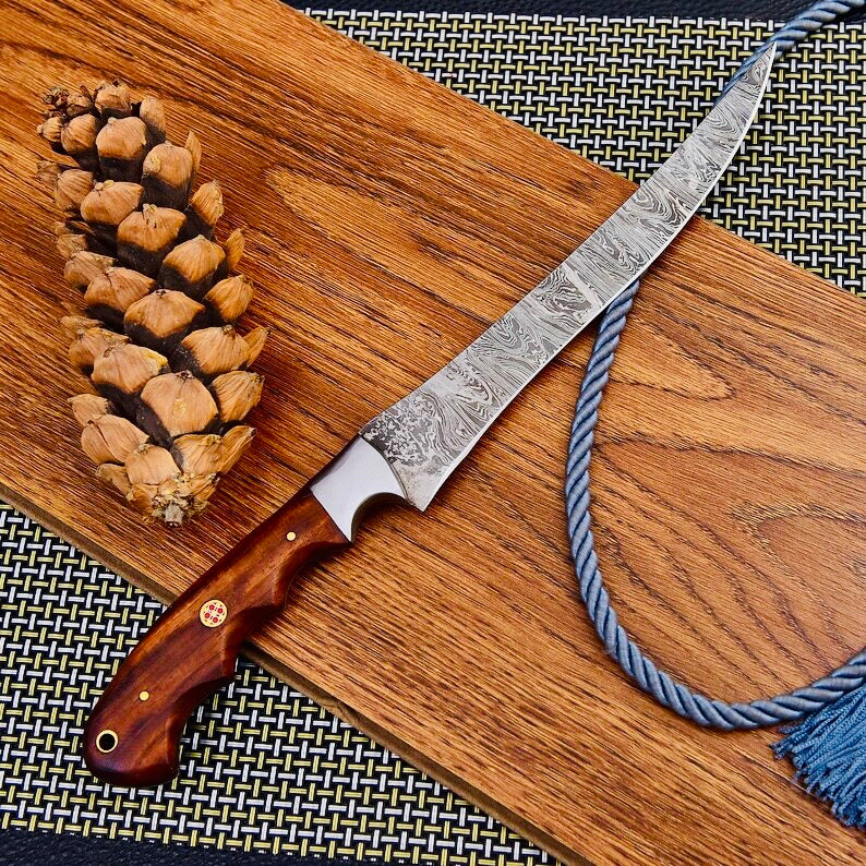 Custom Handmade Damascus Steel Fishing Fillet Knife – 13 Inches, Rosewood Handle with Steel Bolster, Sharp Edge Blade, Leather Sheath