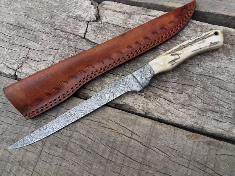 Custom Handmade Damascus Steel Fishing Fillet Knife - 13" Blade with Antler Horn Handle and Damascus Guard & Leather Sheath | Best Flexible Fillet Knives