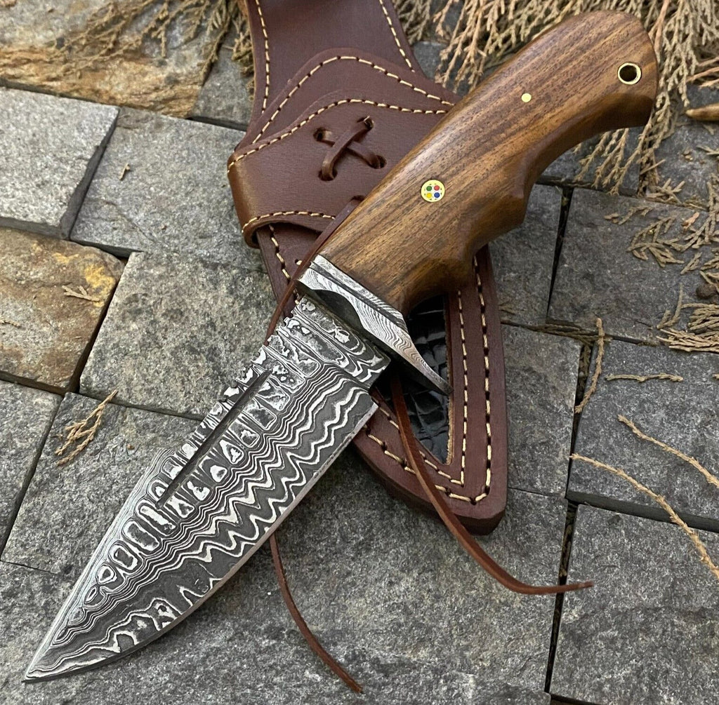 Best Hunting Knife with Custom Handmade Damascus Steel Blade, Damascus Steel Guard & Rosewood Handle – Includes Leather Sheath