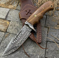 Best Hunting Knife with Custom Handmade Damascus Steel Blade, Damascus Steel Guard & Rosewood Handle – Includes Leather Sheath