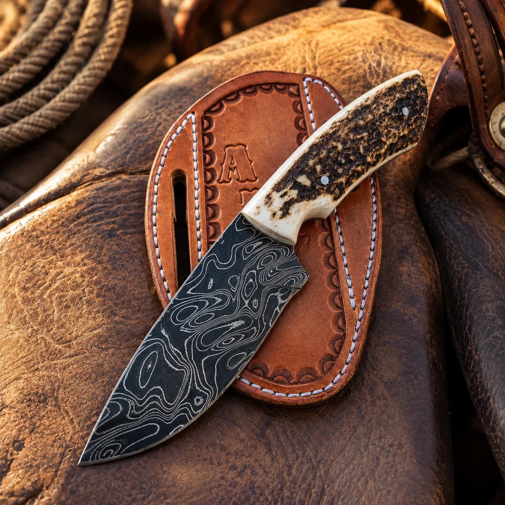 Custom Handmade Damascus Steel Knife with Leather Sheath