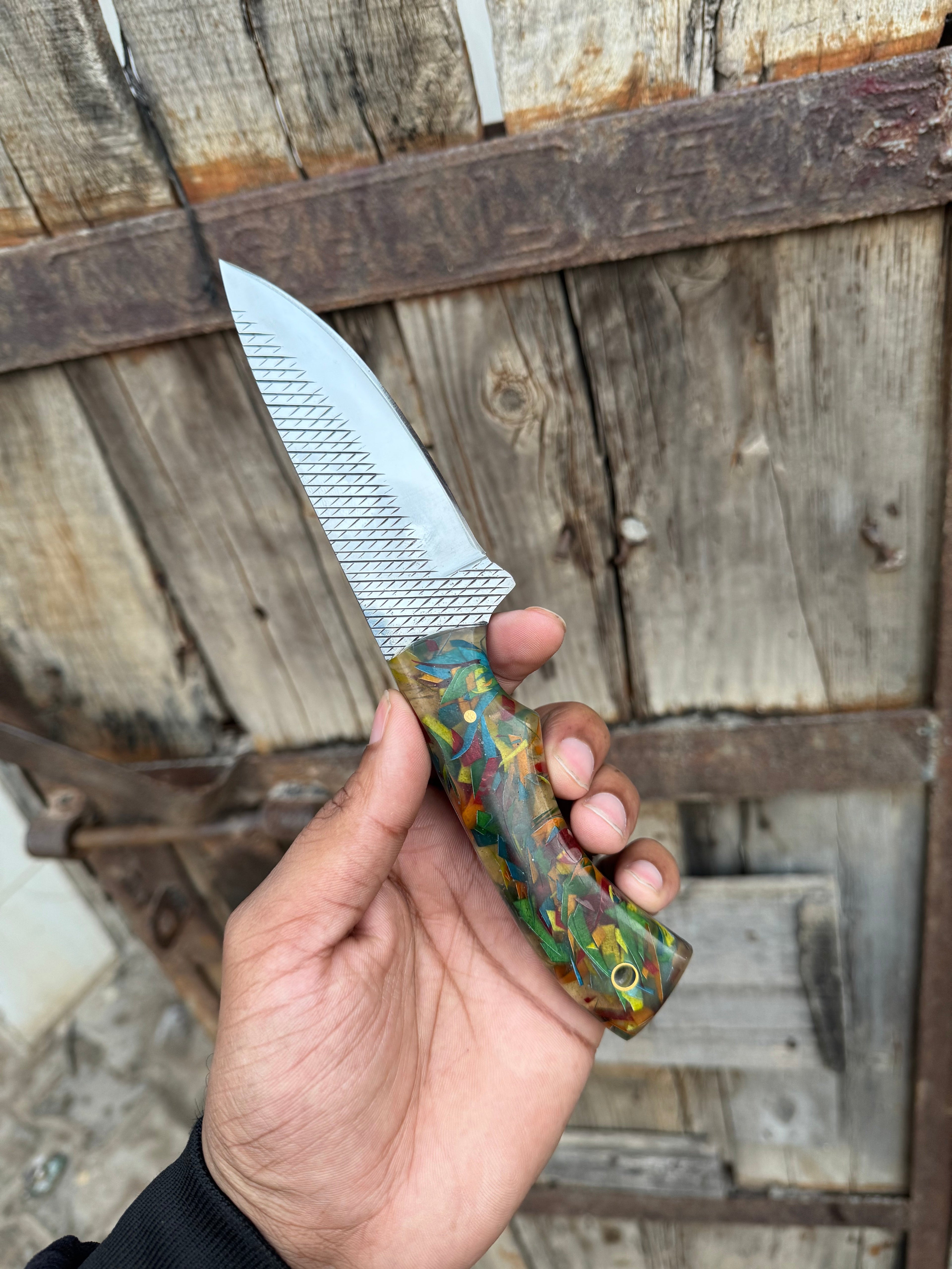 Custom Handmade Fixed Blade Cowboy Knife – Rasp Tool Steel Blade with Resin Handle & Leather Sheath