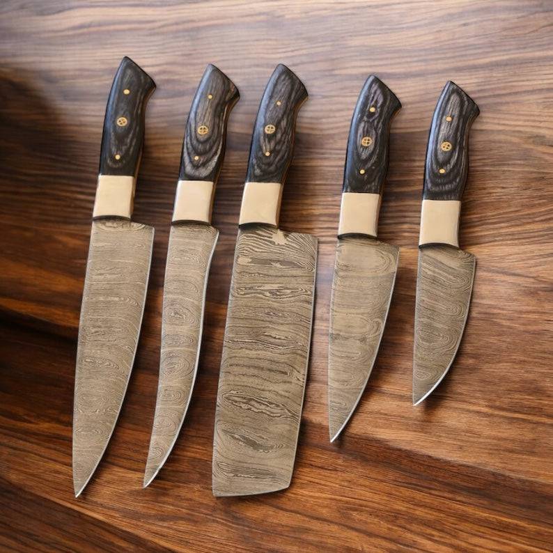 Custom kitchen knife set by Knives Gear Garage with Damascus steel blades and Pakkawood handles, ideal for holiday cooking.