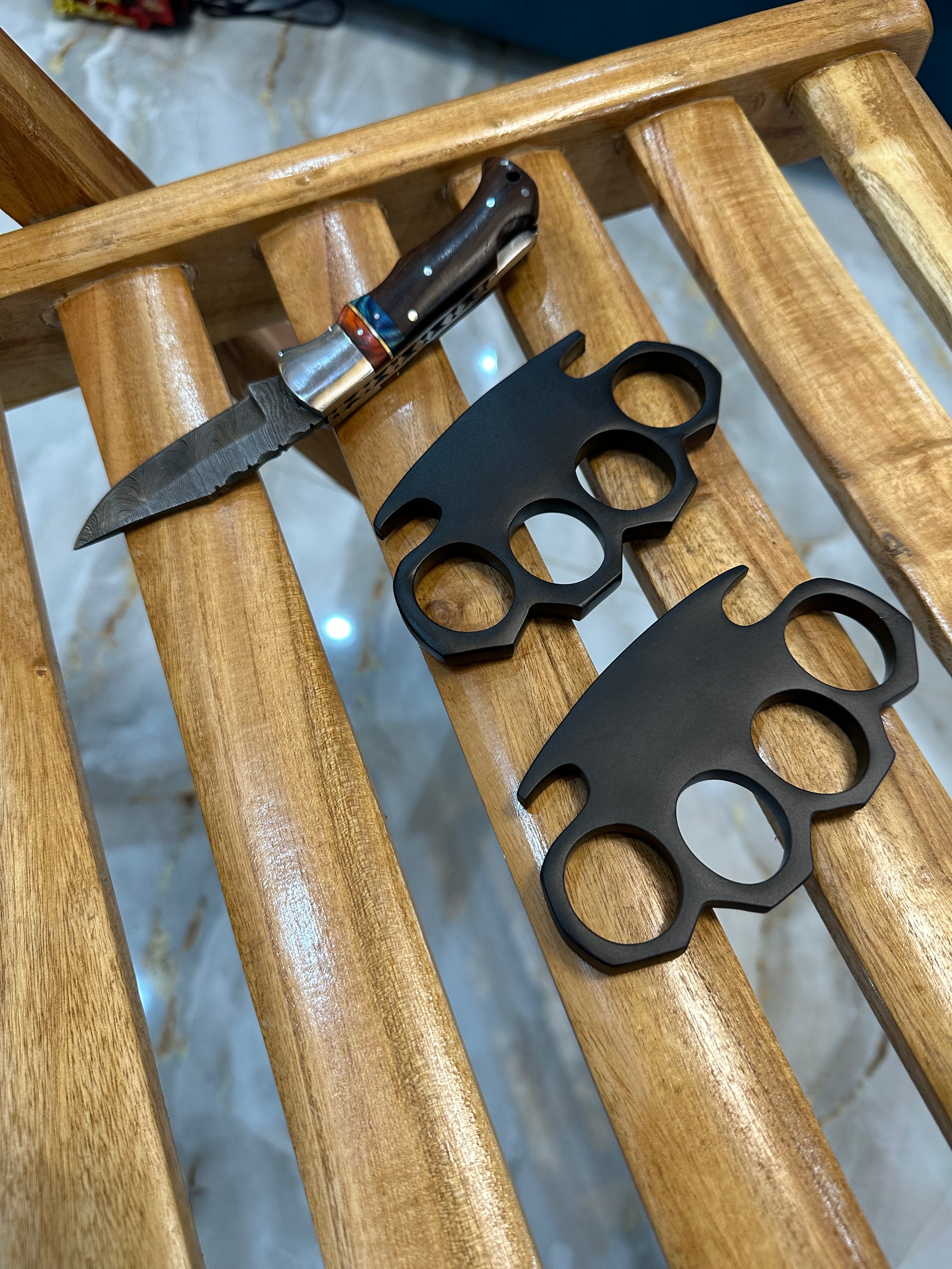 Custom Handmade Black Steel Knuckle with Pocket Knife and Belt Loop Leather Case - Solid Brass Self-Defense Duster for Everyday Carry