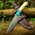 Custom Handmade 10" Damascus Steel Hunting Knife with Camel Bone and Resin Handle | Includes Leather Sheath