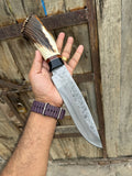 Custom Handmade 13" D2 Steel Bowie Knife with Stag Crown Handle and Leather Sheath