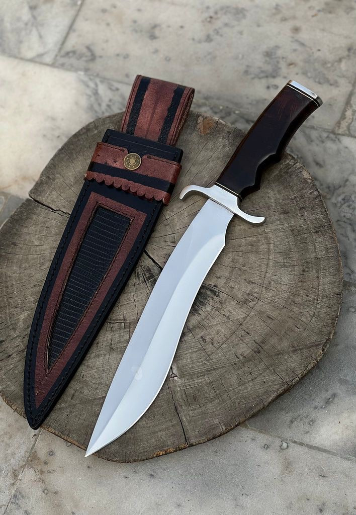 Custom Handmade 16" D2 Steel Hunting Bowie Knife with Rosewood Handle, Steel Guard, and Leather Sheath