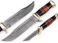 Custom handmade 16-inch Damascus steel Crocodile Dundee Bowie knife with buffalo horn handle, brass guard, leather sheath, by Knives Gear Garage.