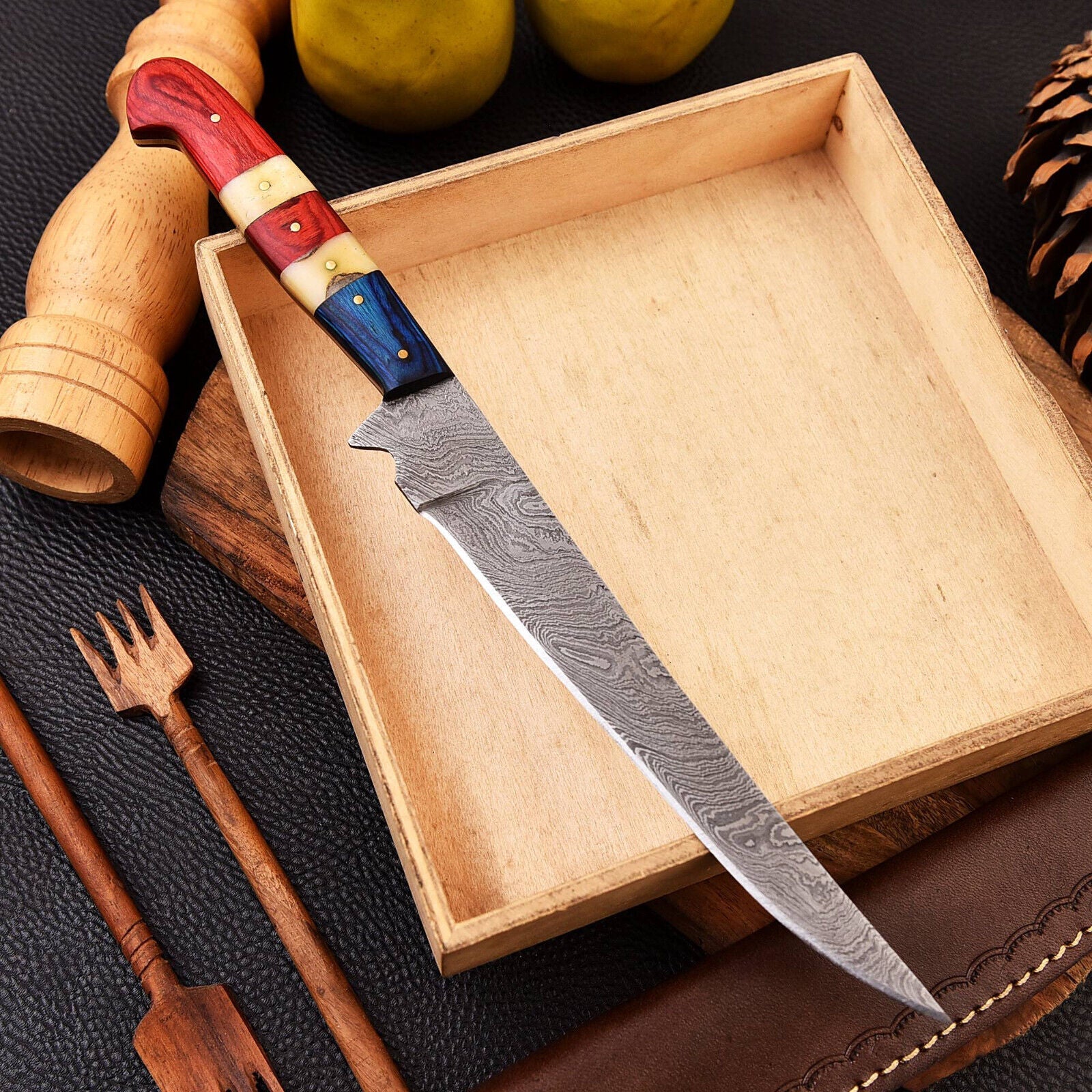 Best Handmade Damascus Steel Fillet Knife – Pakkawood Handle with Leather Sheath | Premium Fishing Fillet Knife