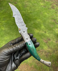 Custom Handmade Damascus Blade EDC Folding Pocket Knife – 3-Inch Blade, Color Bone Handle & Brass Engraved Bolster with Leather Sheath