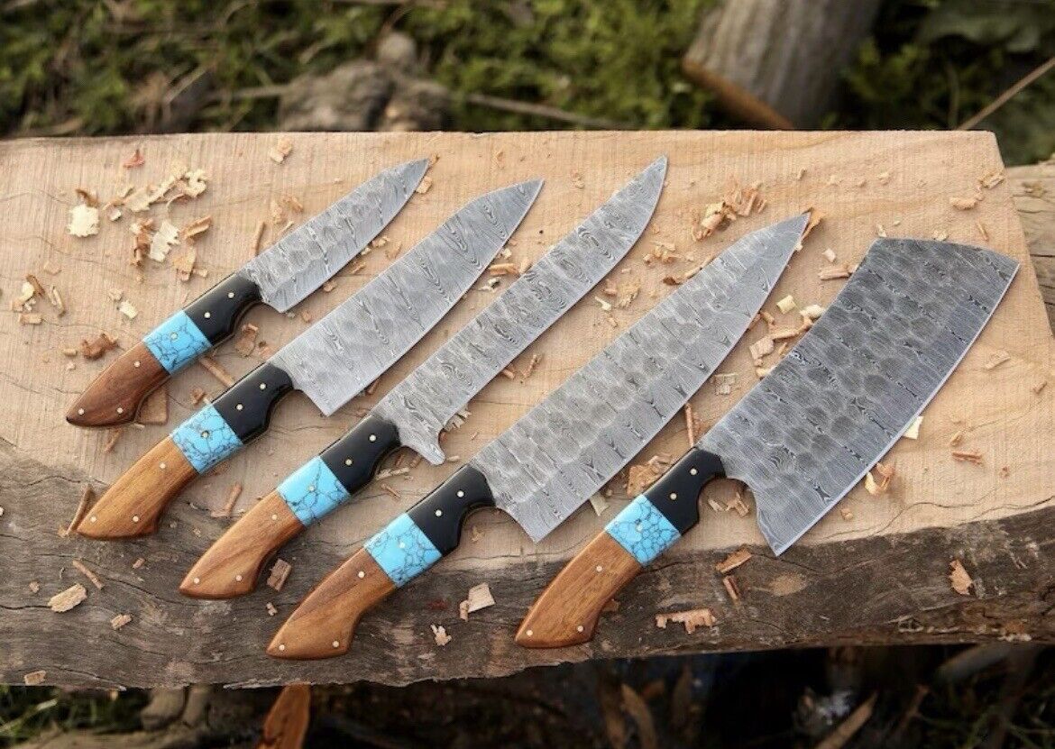 Best Damascus Knife Set – Custom Handmade with 7” Hand-Forged Damascus Steel Blades and Rosewood Resin Handles