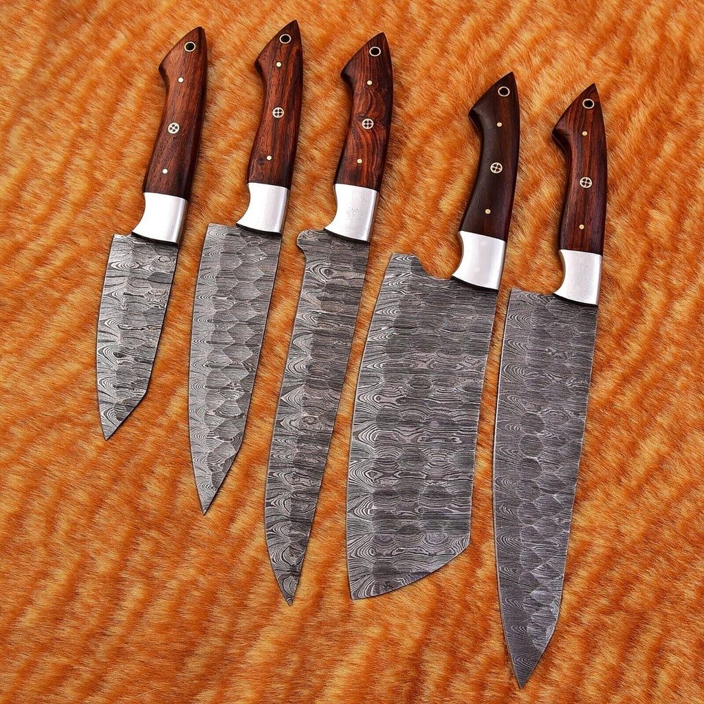 Custom Handmade Damascus Kitchen Knife Set with Rosewood Handles – 9” to 13” Blades