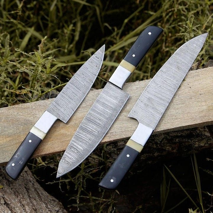 Custom Handmade Damascus Kitchen Knives | Buffalo Horn & Camel Bone Handles