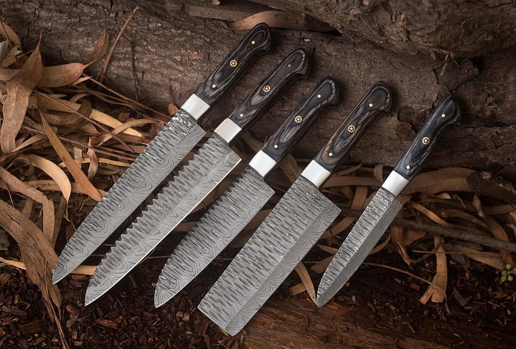 Custom Handmade Damascus Kitchen Knives Set with Exotic Wood Handles and Steel Bolsters