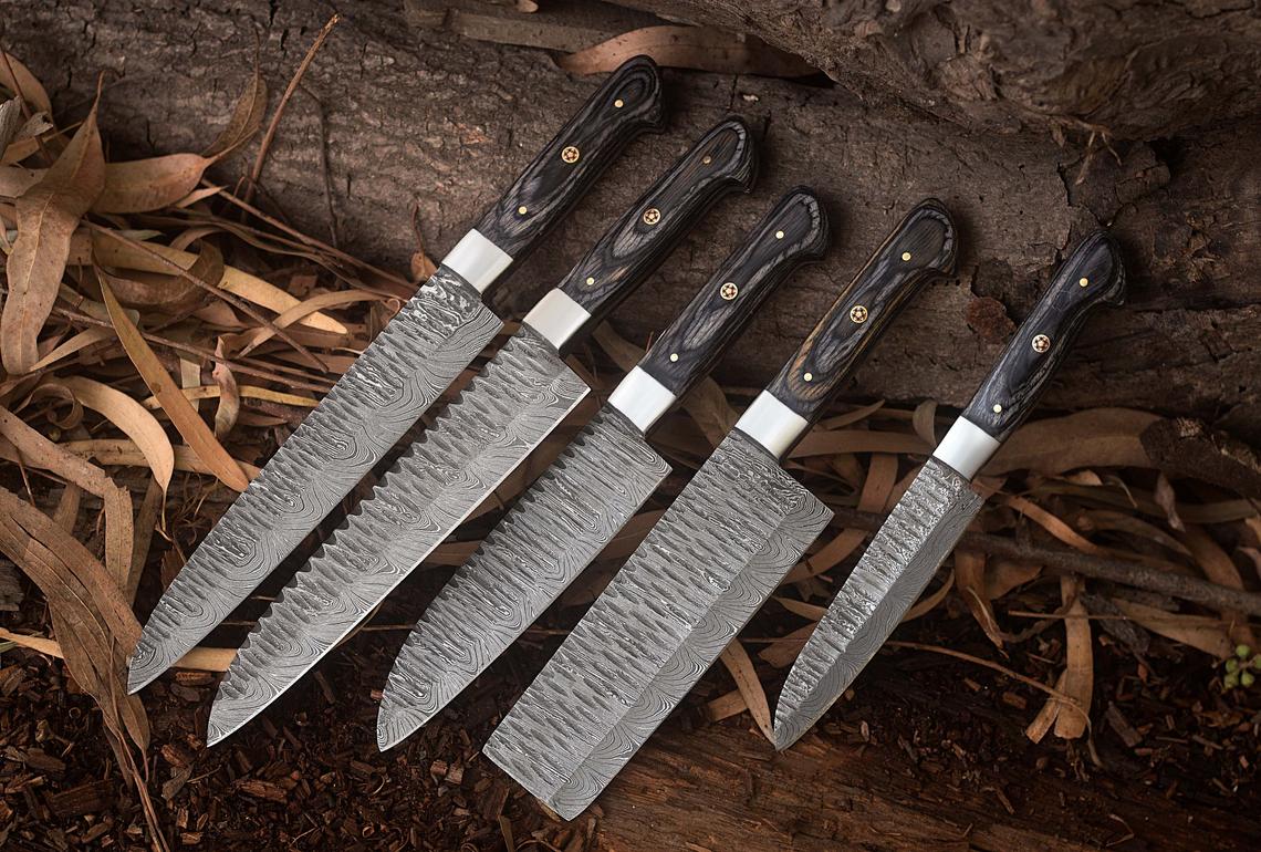 Custom Handmade Damascus Kitchen Knives Set with Exotic Wood Handles and Steel Bolsters