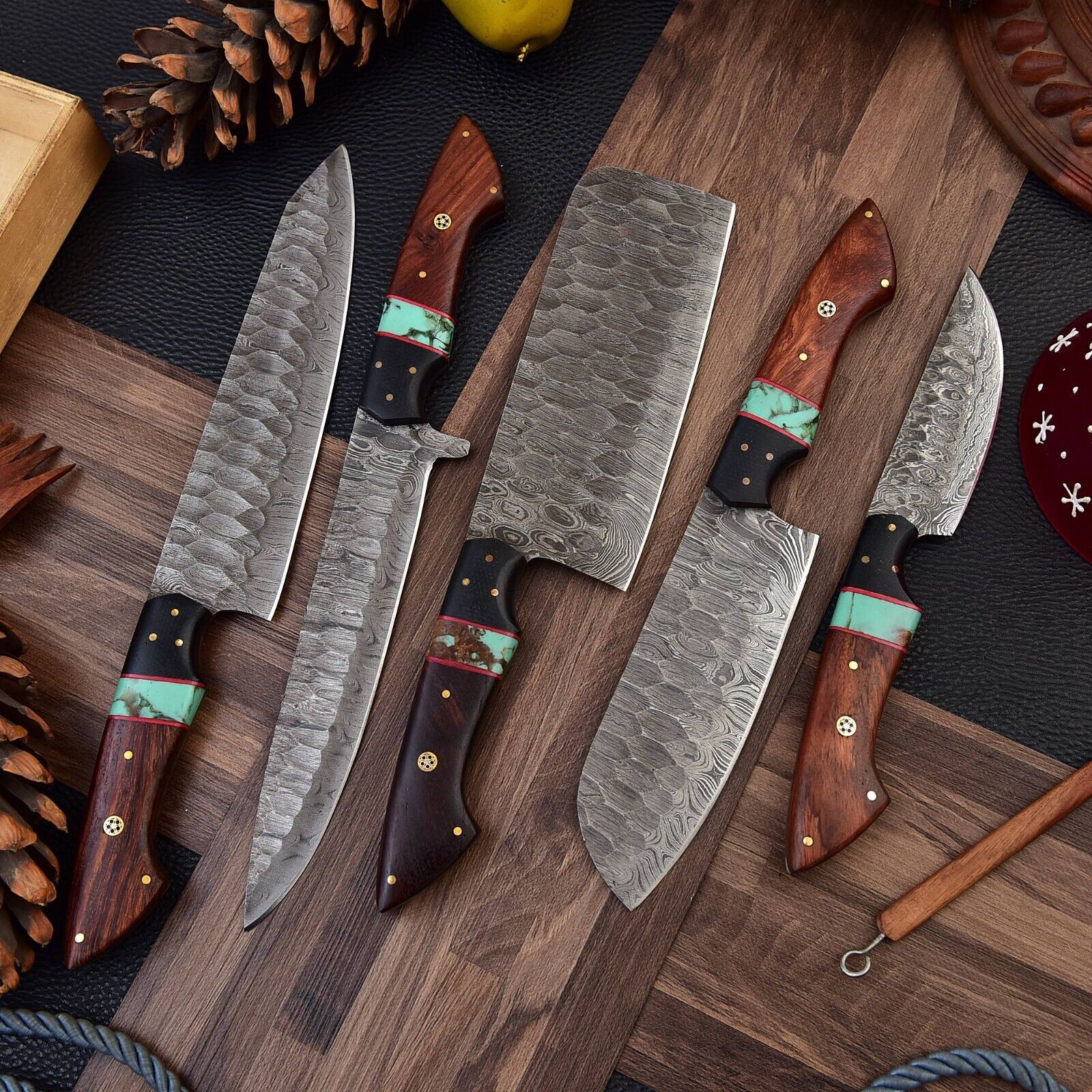 Custom Handmade Damascus Knife Kitchen Set | 9”-13” Blades