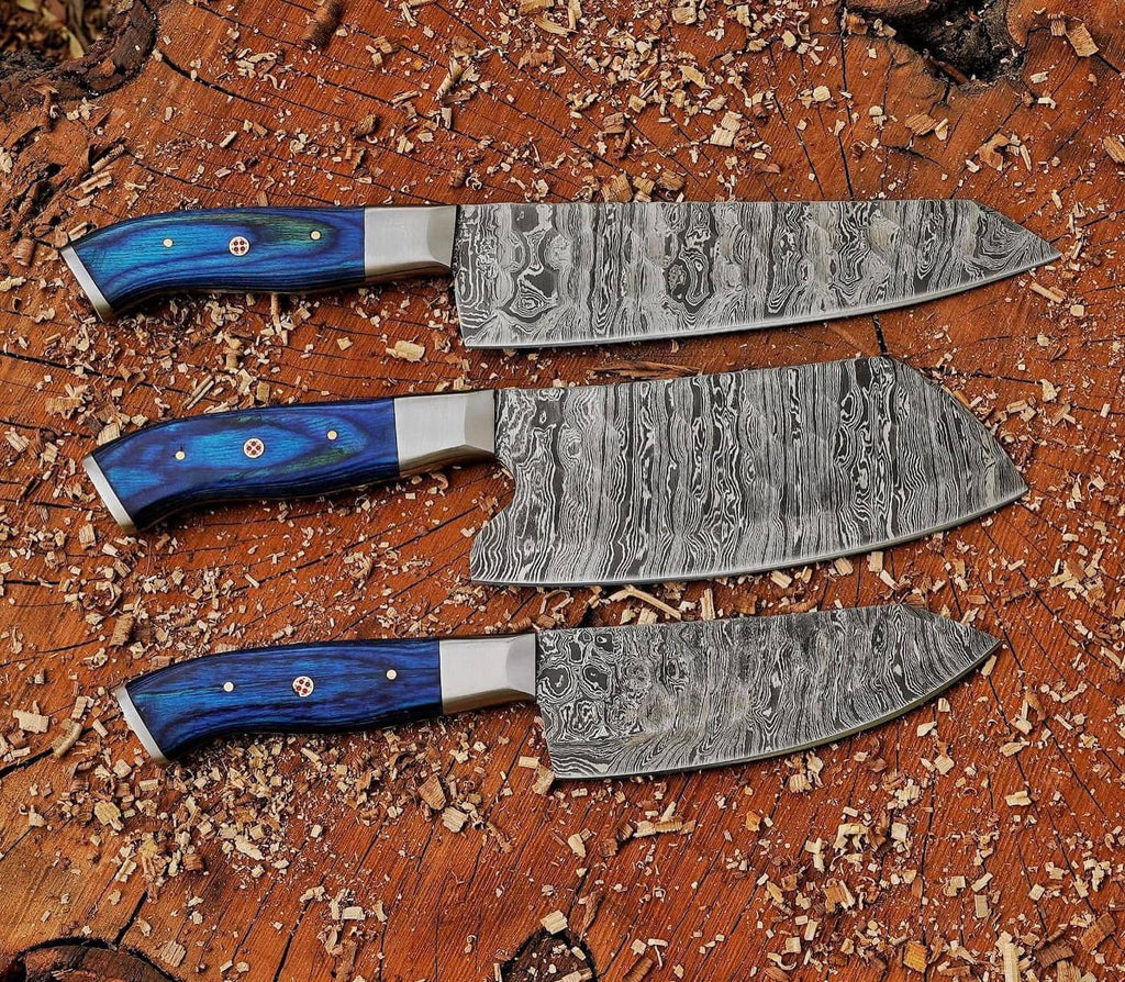 Custom handmade Damascus kitchen knife set with hand-forged blades and pakkawood handles from Knives Gear Garage.