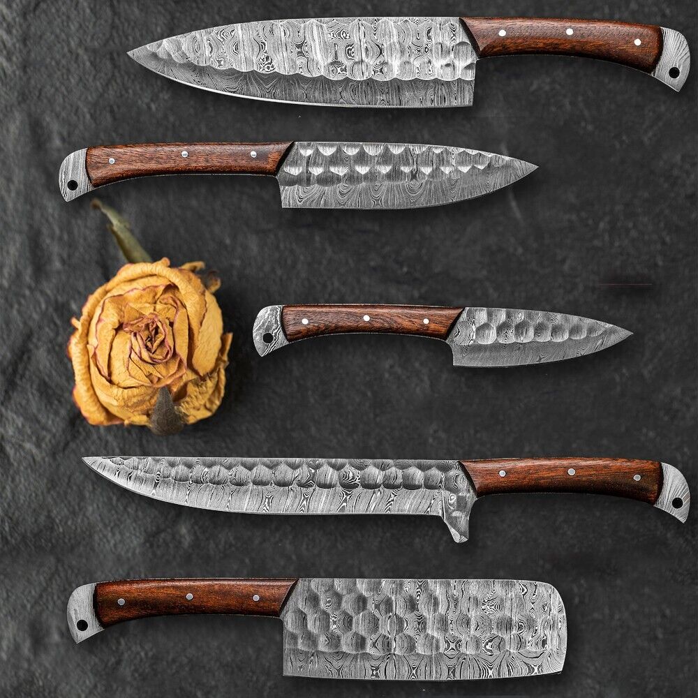 Custom Handmade Damascus Knives Set - 7" Rosewood Handles