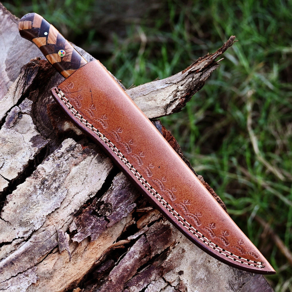 Fishing Fillet Knife - Handmade Damascus Steel Best Fillet Knife with Rosewood and Olive Wood Handle & Leather Sheath