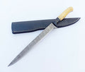 Custom Handmade Damascus Steel Fishing Fillet Knife – 13” with Bone and Buffalo Horn Handle, Sharp Edge Blade, and Leather Sheath